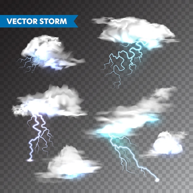 Vector realistic clouds with lightning set on transparent background thunderstorm and lightning bolt sparks