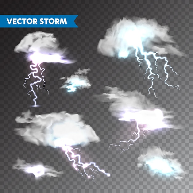 Vector realistic clouds with lightning set on transparent background thunderstorm and lightning bolt sparks