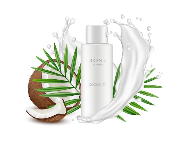 Realistic coconut. Cosmetics bottle, palm leaves and milk splashes.