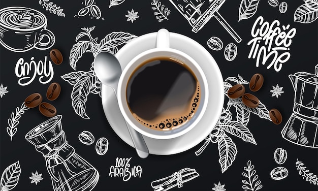 Realistic coffee background with drawings