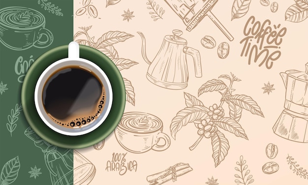 Realistic coffee background with drawings