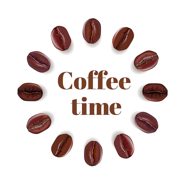 Вектор Реалистичные кофейные зерна состав и текст coffee time, изолированные