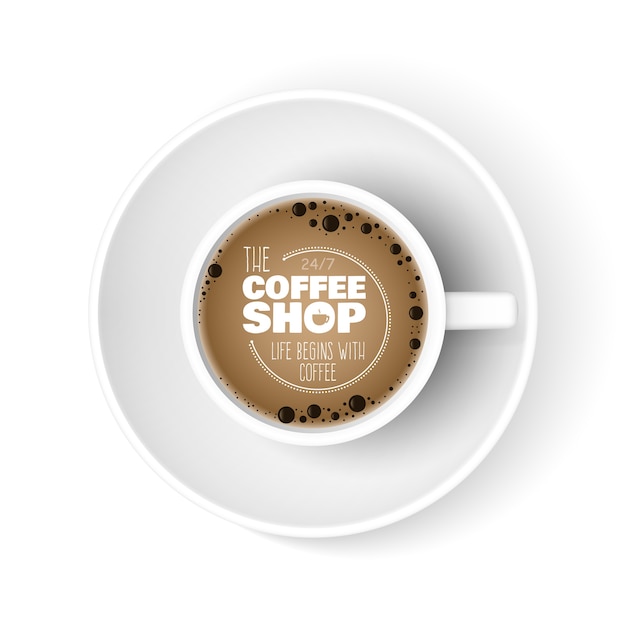 Realistic coffee cup. top view cup, coffee shop ad banner. morning espresso americano