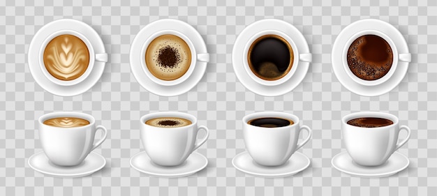 Realistic coffee cups. Black coffee, cappuccino, latte, espresso, macchiatto, mocha top and side view.