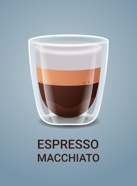 Vector realistic coffee in glass cup hot espresso macchiato drink vertical vector illustration