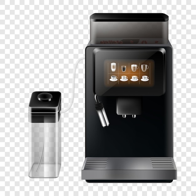 realistic coffee machine. household appliance design. automatic espresso maker, isolated on transparent background. electronic equipment for cappuccino preparing. vector 3d illustration