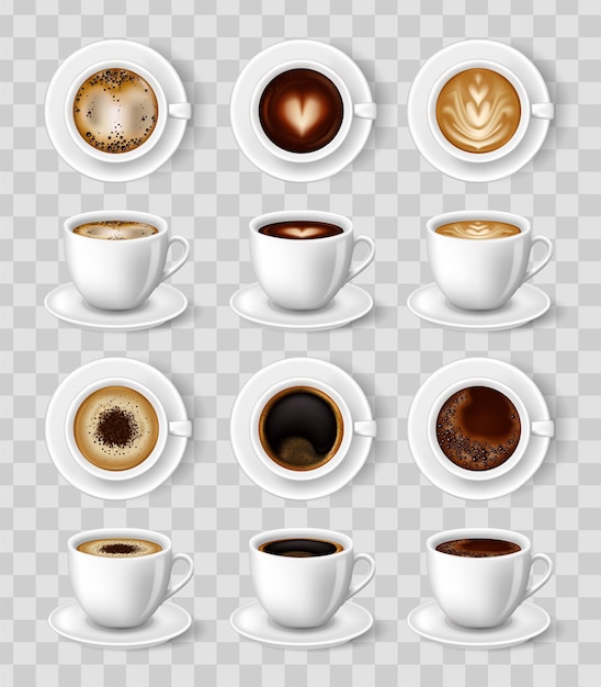 Realistic coffee mug. 3D Cappuccino, americano, espresso, mocha latte cocoa