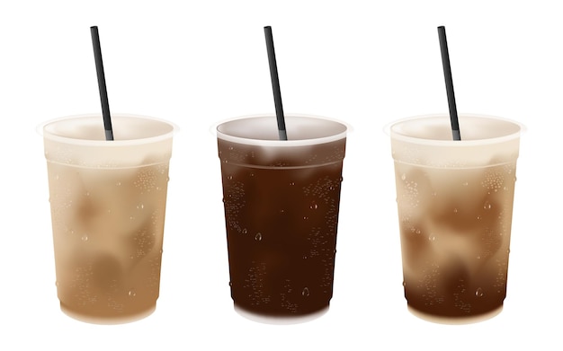 Realistic cold iced coffee latte and americano in plastic cup