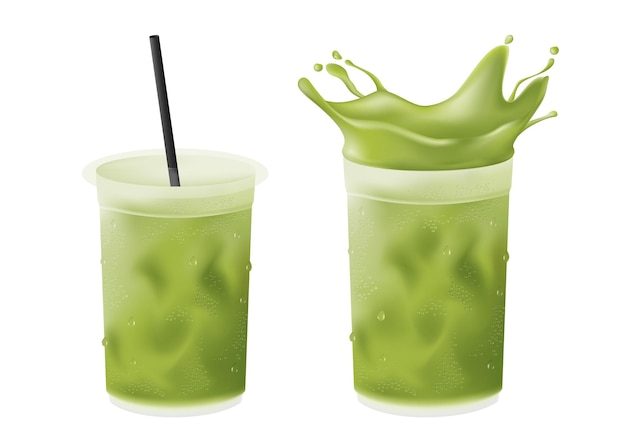 Vector realistic cold iced green tea matcha latte in plastic cup