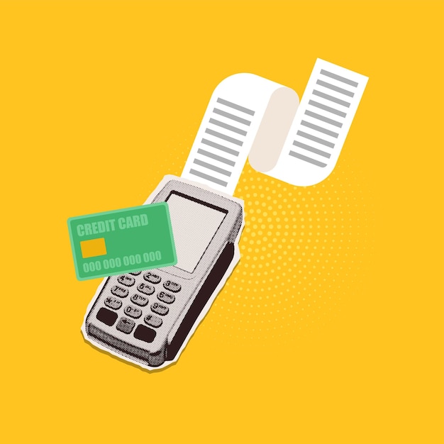 Realistic collage with credit cards payment by terminal on colour background halftone payment