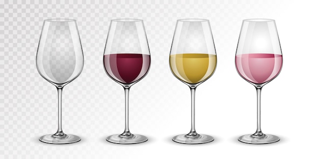 Realistic collection of different types of wine glasses for red white and rose wine glasses