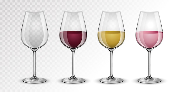Collezione realistica di diversi tipi di bicchieri da vino per bicchieri da vino rosso bianco e rosato