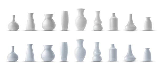 Realistic collection of white ceramic porcelain vase 3d ceramic glossy pot set Modern realistic vector mockup Isolated white background