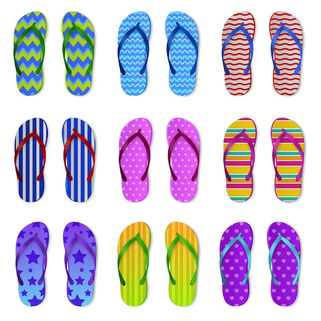 ベクトル 現実的な色のビーチ サンダル ゴム製の明るい夏のアクセサリー別のデザイン柄のサンダル スイミング プール スリッパ靴トップ ビュー ペアプラスチック底の明るい靴ベクトル分離セット