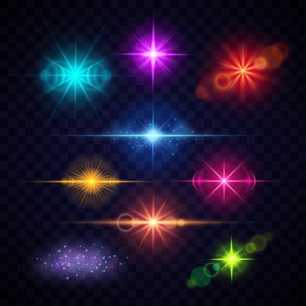 Realistic color lens flare light effects, vector party lights set. multi-colored bright flashes illu