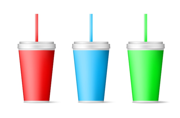 Realistic color papers cup with straw.