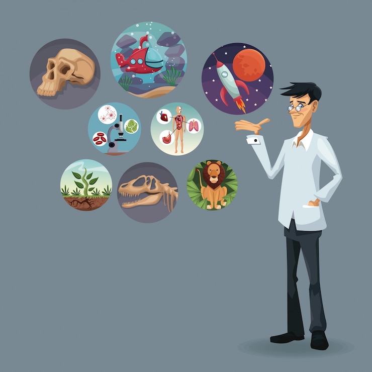 वेक्टर realistic color poster scientist with icons world evolution