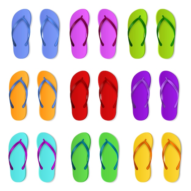 Vector realistic color slippers isolated 3d bright rubber sandals summer swimming pool flip flop beach and bathroom open shoes pairs top view footwear plastic sole various bright colors vector set