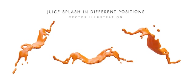 Vector realistic color splashes in different positions spilled mango orange papaya juice stopped motion