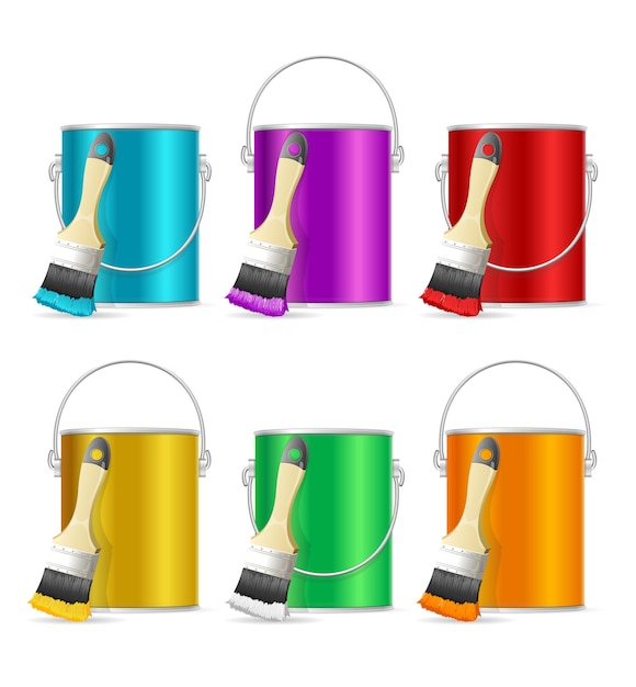 Vector realistic color steel can bucket and paint brush vector