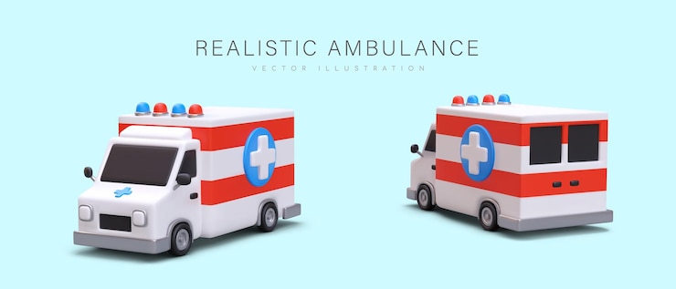 Realistic colored ambulance Symbol of saving sick wounded people