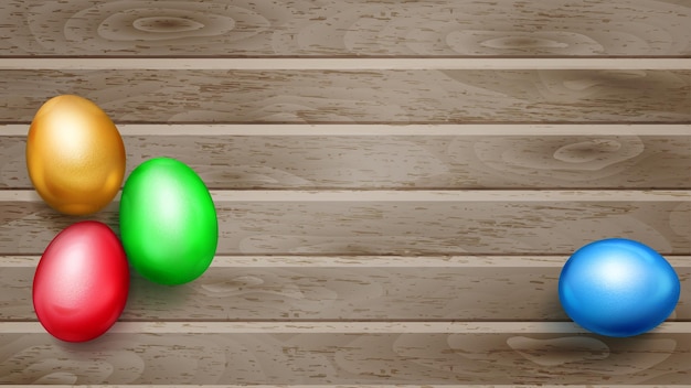 Realistic colored Easter eggs with shadows on wooden planks