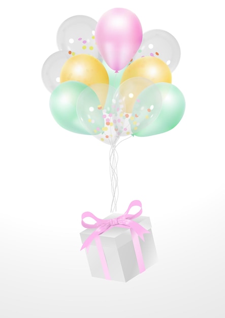 Realistic colorful 3D balloons with a gift box