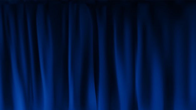 Realistic colorful blue velvet curtain folded. Option curtain at home in the cinema.  