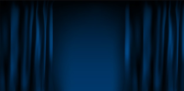 Realistic colorful blue velvet curtain folded. Option curtain at home in the cinema.