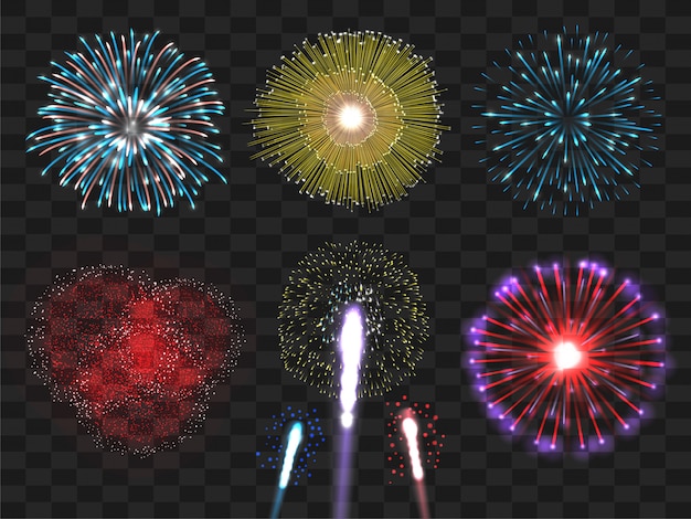 Realistic colorful fireworks set