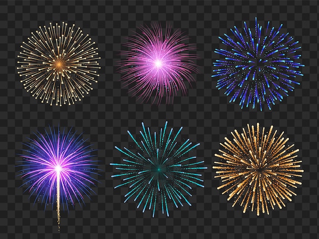 Realistic colorful fireworks set