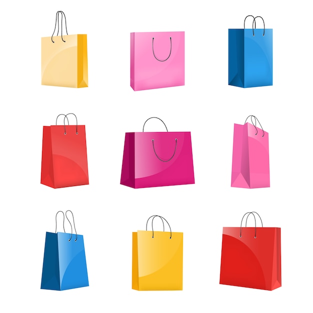 Vector realistic colorful paper shopping bag set