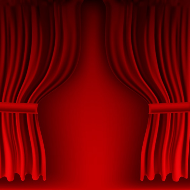 현실적인 화려한 빨간 벨벳 커튼 접혀. 영화관의 집에서 옵션 커튼. 삽화.