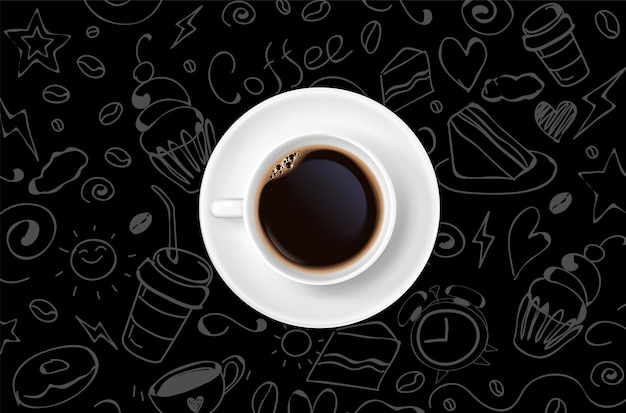 Composizione realistica con vista dall'alto tazza di caffè nero su sfondo nero senza cuciture con illustrazione di immagini di scarabocchio
