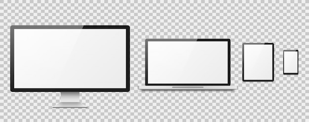 Vector realistic computer. computer desktop screen, devices laptop tablet phone smartphone monitor set