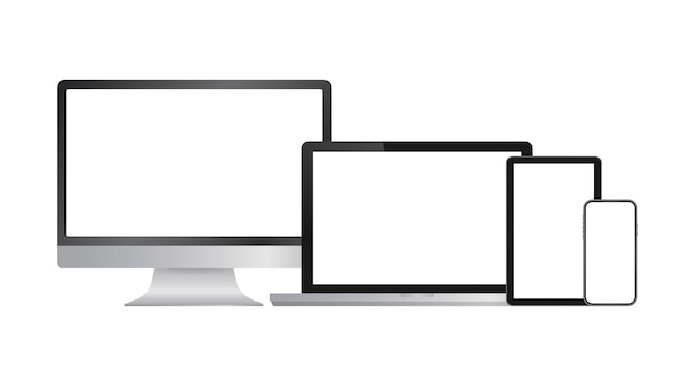 Realistic computer laptop smartphone and tablet. monitor screen display template. vector stock illustration