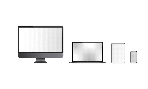 Vector realistic computer monitor, laptop, tablet and mobile phone icon set. dark theme. blank display. notebook. vector on isolated white background. eps 10.