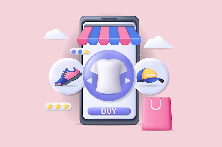 Vector realistic concept of online shopping scene without people in 3d cartoon style