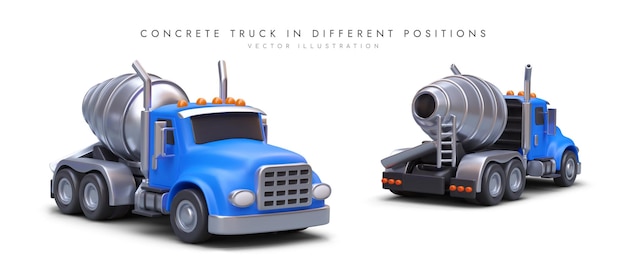 Realistic concrete mixer in different positions Isolated vector object