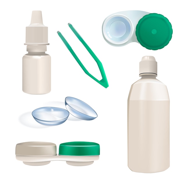 realistic contact lens container and bottles