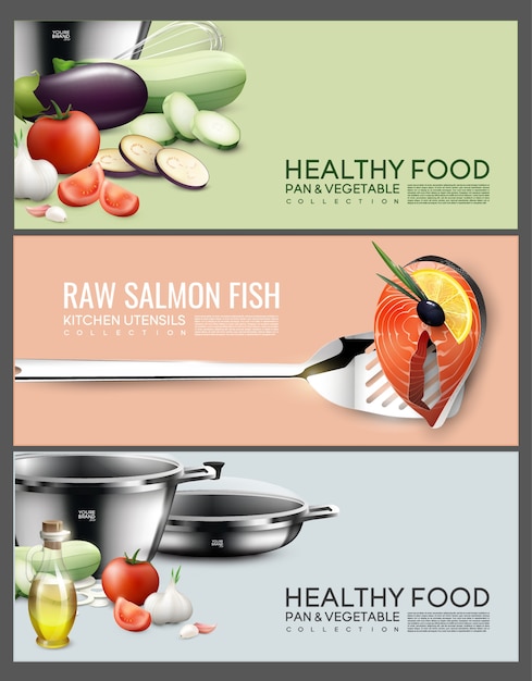 Realistic cooking elements horizontal banners