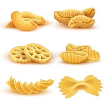 Various types and shapes pasta, noodles and macaroni with cereal ear  realistic vector illustration set isolated on white. Italian national  cuisine traditional ingredient. Natural healthy eating food Stock Vector