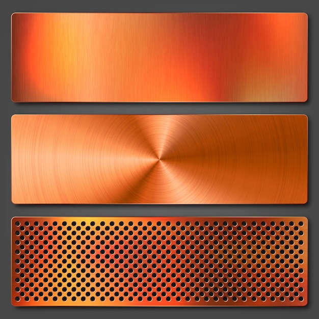 Vector realistic copper banners collection brushed stainless steel plate polished metal surface scratched