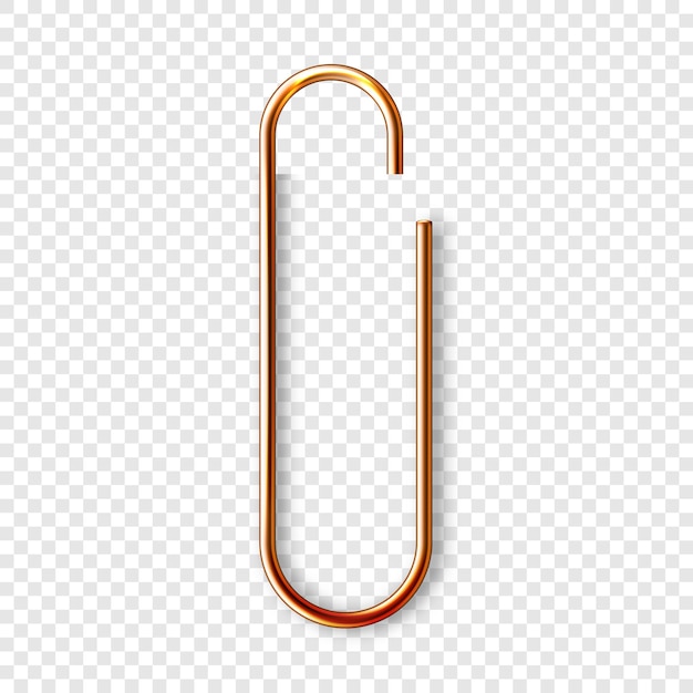 Realistic copper paperclip attached to paper isolated on white background shiny metal paper clip