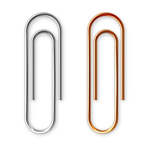 Vector realistic copper and steel paperclips attached to paper isolated on white background shiny metal