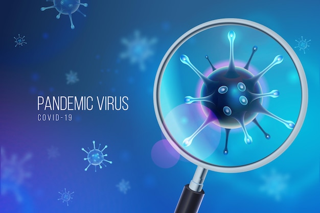 Realistic coronavirus cell look through a magnifying glass background