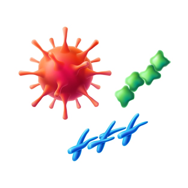 벡터 현실적인 코로나 바이러스 구체 세포, 박테리아 및 미생물 세트. 붉은 병원체 독감 및 covid 감염 기호. 유행성 세균, 질병 오염. 과학 바이오 의학 연구 기호