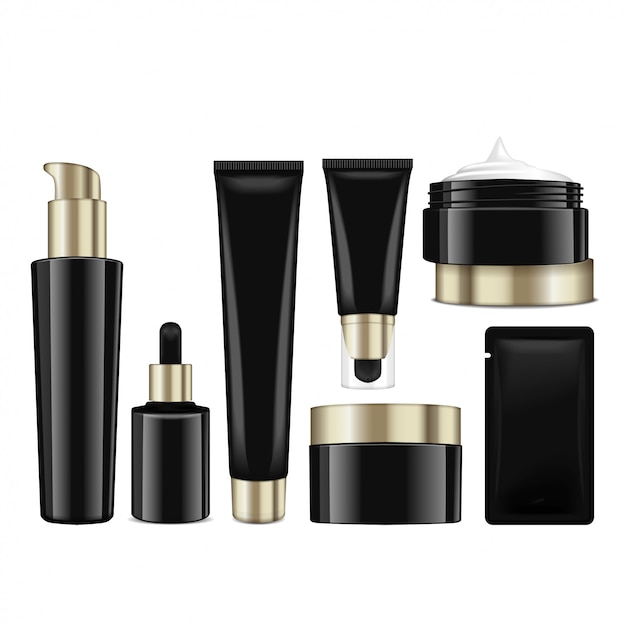 Realistic cosmetic black bottles with gold caps.  containers, tubes, sashet for cream, balsam, lotion, gel, foundation cream.  illustration