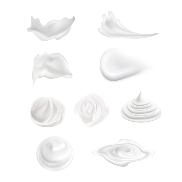 Vector realistic cosmetic cream smears. white creamy drop skincare cream product lotion thick fresh smooth