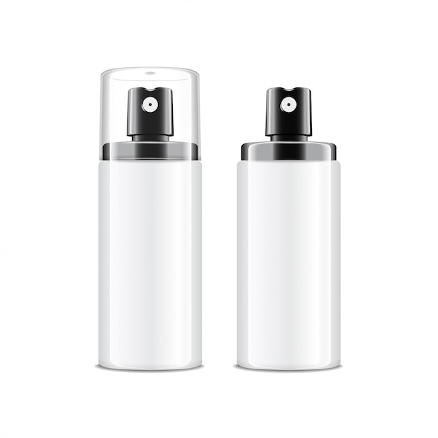 realistic cosmetic spray bottle. dispenser for cream, balsam and other cosmetics. with lid and without.  template  your  on white background